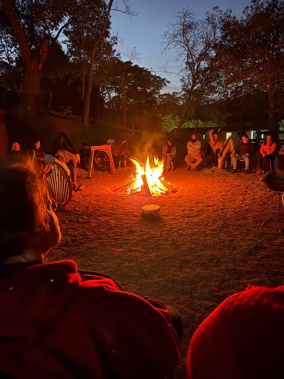 Fogueira à noite no Galpão Crioulo com convidados e cavalos