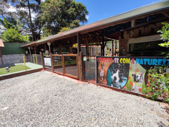 Área coberta do Instituto Cão de Ouro com painel Conecte-se com a Natureza
