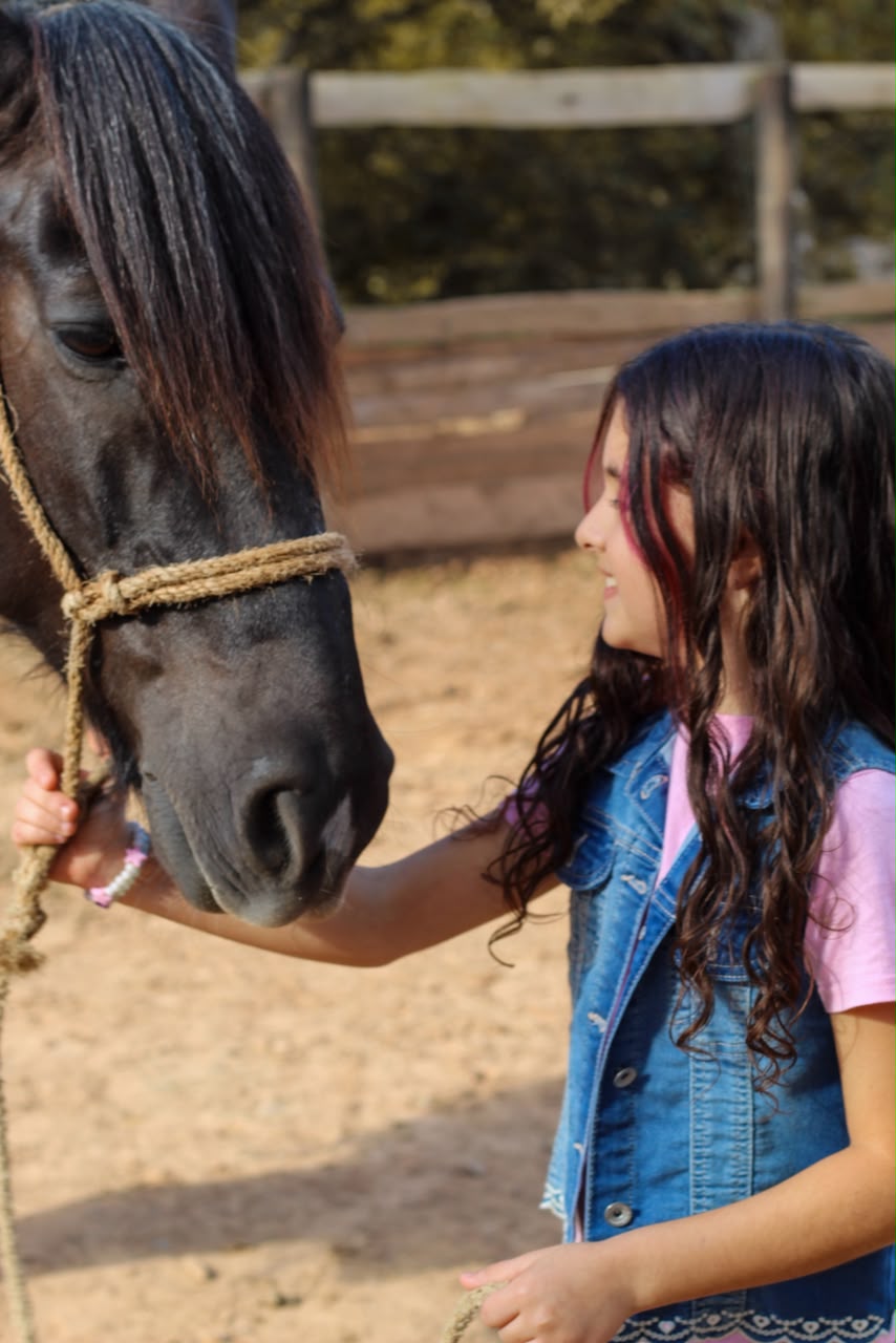 Menina interagindo com o cavalo no Galpão Crioulo